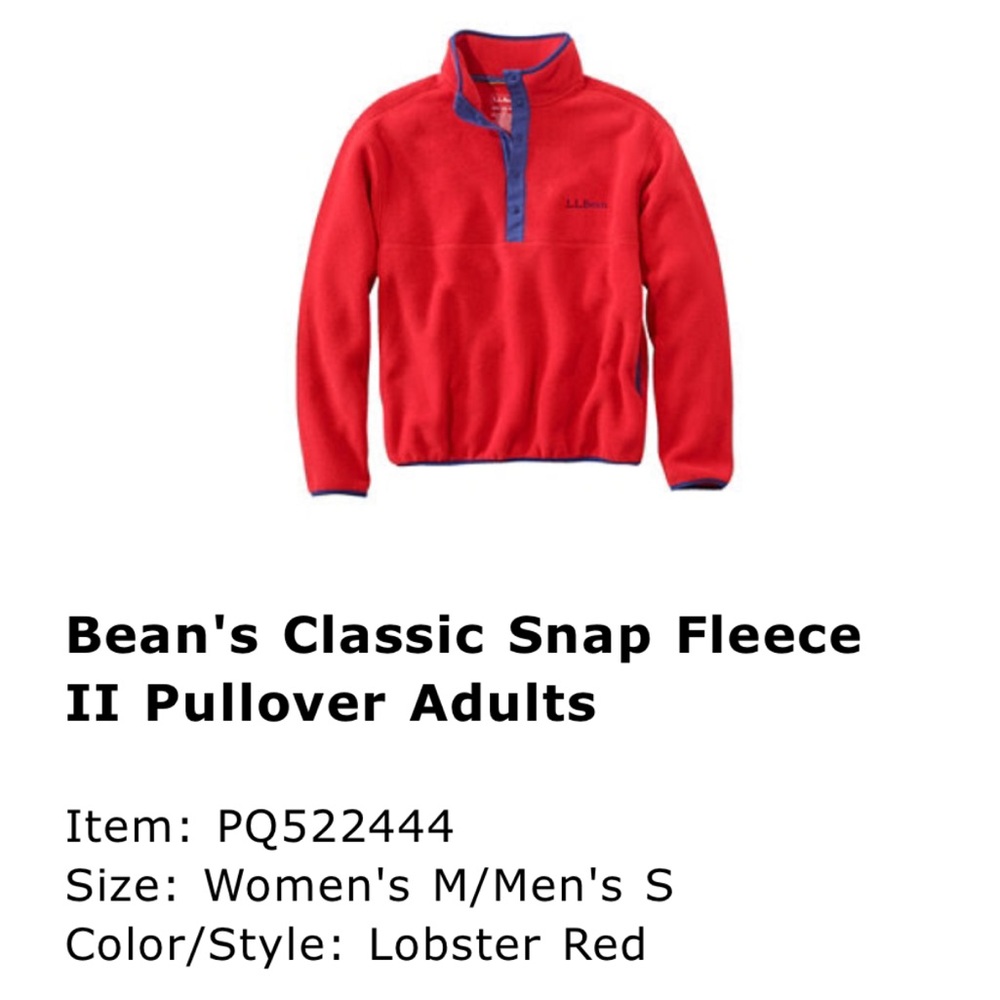 L.L. Bean Lobster Red Crewneck Snap Fleece with Navy Trim
